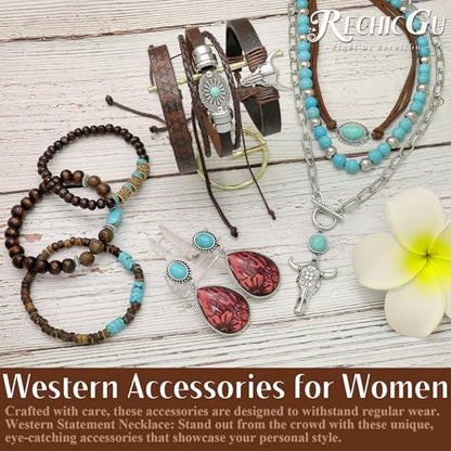 RechicGu Western Jewelry For Women Bohemian Turquoise Dangle Earrings Necklace Bracelet Set, Bullhead Pendant Layered Choker Boho Faux Leather Wristband Country Concert Cowgirl Accessories - color: Jewelry Set D
