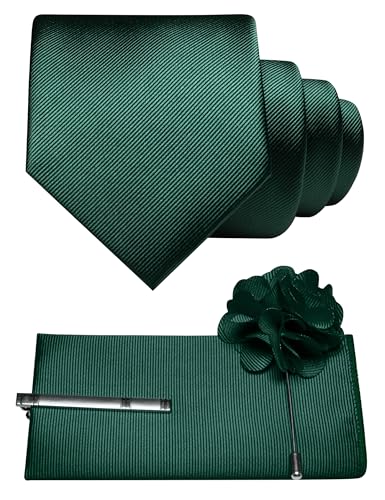 JEMYGINS Formal Necktie Solid Color Tie and Pocket Square with Tie Clip Lapel Pin Sets for Men 4PCS - color: Dark Green
