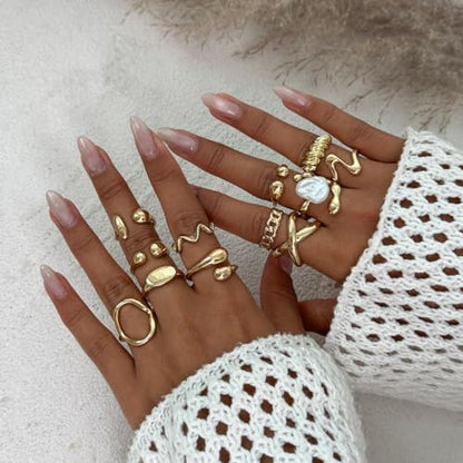 Chunky Gold Rings for Women Gold Baroque Pearl Rings Open Adjustable Pearl Ring Stacking Knuckles Rings Set Boho Prom Costume Fashion Jewelry for Women 2026 - style: 12pcs Gold