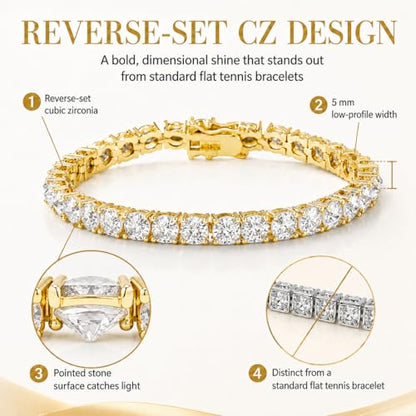 TOPGRILLZ Tennis Bracelets for Women Men, 1 Row 5 mm Cubic Zirconia Bracelet, Iced out Reverse-Set Stone, Box Clasp Anniversary Fashion Jewelry 7-8 Inches - color: Gold Clear