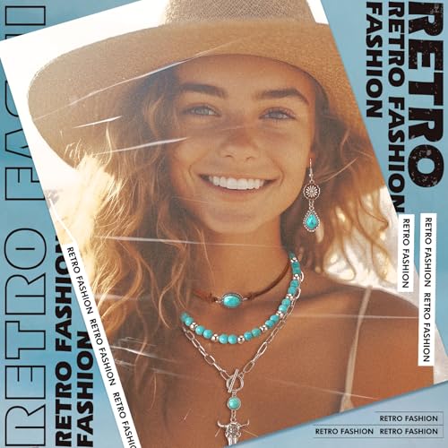 Ecally Bohemian Western Jewelry Turquoise Set Women Country Pendant Long Choker Layered Bracelets Earrings Ring for Women - color: Turquoise, style: Stylish