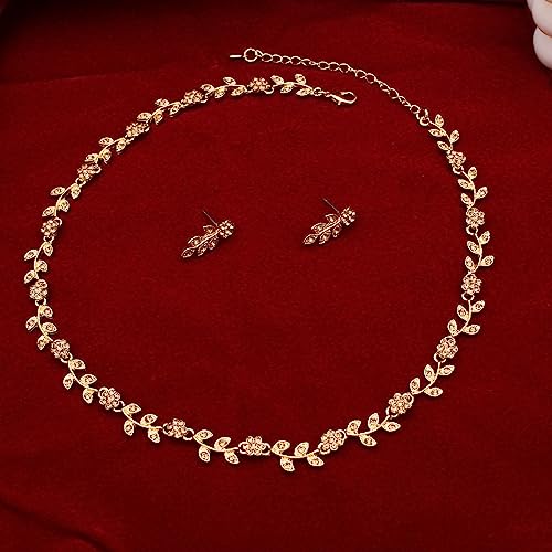 Austrian Crystal Rhinestone Choker Necklace Dangle Earring Link Bracelet Jewelry Set for Brides Bridesmaid Prom Costume Accessories for Women - color: En001-Champagne-Gold Plated