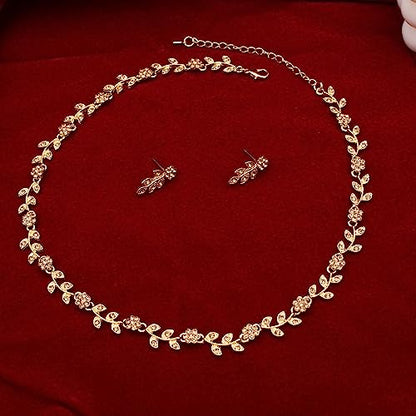 Austrian Crystal Rhinestone Choker Necklace Dangle Earring Link Bracelet Jewelry Set for Brides Bridesmaid Prom Costume Accessories for Women - color: En001-Champagne-Gold Plated