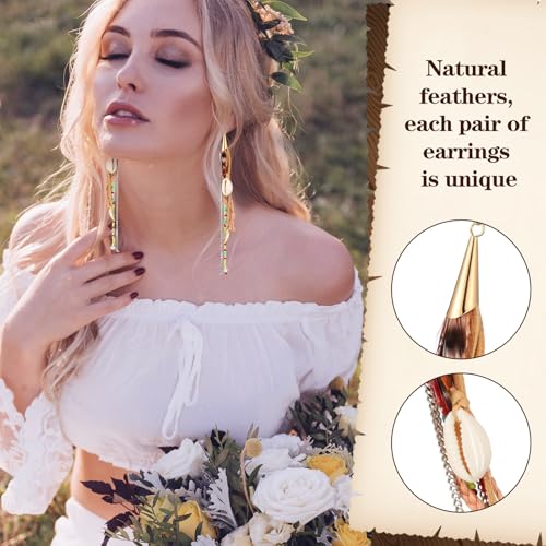 Nosiny 6 Pairs Bohemian Feather Dangle Earrings for Women Bohemian Long Feather Earrings with Shell Beads Long Fringe Tassel Dangle for Women Christmas Gifts