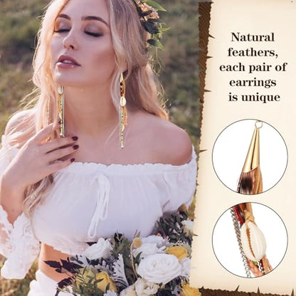 Nosiny 6 Pairs Bohemian Feather Dangle Earrings for Women Bohemian Long Feather Earrings with Shell Beads Long Fringe Tassel Dangle for Women Christmas Gifts