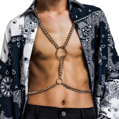 Punk Metal Link Chain Bra Body Jewelry Sexy Long Crossover Harness Circle Body Chain Festival Bikini Waist Chain Body Jewelry for Men Women - color: Gold
