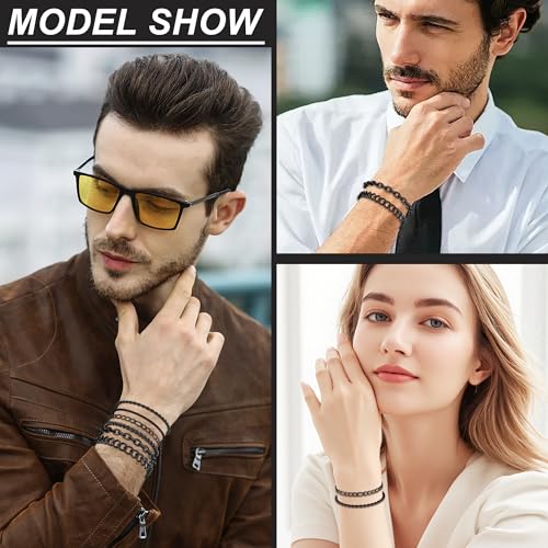 6PCS Stainless Steel Bracelets for Men Women, Silver Gold Black Cuban Link Rope Snake Wheat Chain Paperclip Figaro Jewelry Set, 7/8/9 Inches - color: Black, size: 7 inches