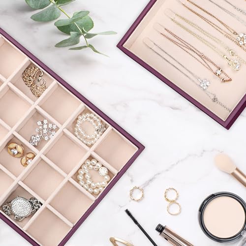 Voova Stackable Jewelry Organizer Tray with Lid (Set of 4, Purple) | Stackable PU leather jewelry trays with drawer inserts for earrings, rings, necklaces, bracelets and watches; set of 4 - color: Purple