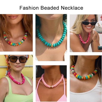 Beaded necklace for Women Boho Bead Gemstone Chunky Necklace Big Bead Necklace Fashion Trendy Summer Necklaces Jewelry Gifts - color: Rose Red&GD Beaded
