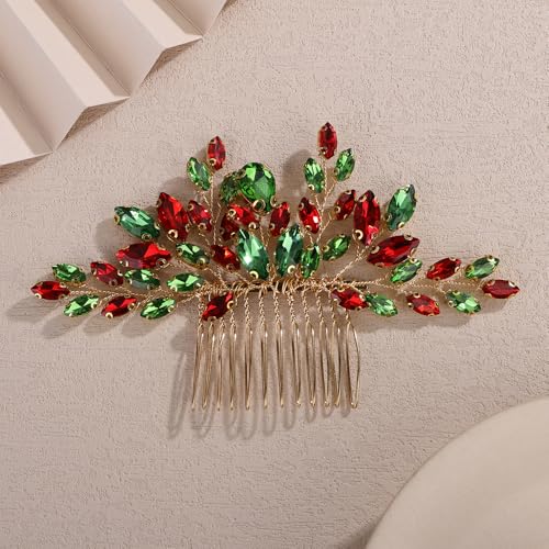Teyglen Bridal Red and Green Crystal Hair Comb Christmas Headpiece Full Rhinestone Wedding Hair Comb Crystal Teardrop Hair Piece Hair Accessories for Women Party Prom(Red and green) - color: Red and green