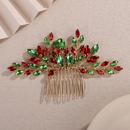 Teyglen Bridal Red and Green Crystal Hair Comb Christmas Headpiece Full Rhinestone Wedding Hair Comb Crystal Teardrop Hair Piece Hair Accessories for Women Party Prom(Red and green) - color: Red and green