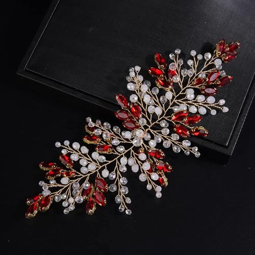 Boho Red Crystal Headband for Women Girls Wedding Bridal Handmade Branches Headpiece Special Occasion Hair Styling Jewelry (Red White) - color: Red White