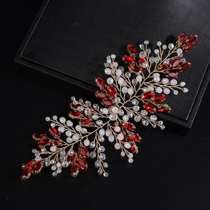 Boho Red Crystal Headband for Women Girls Wedding Bridal Handmade Branches Headpiece Special Occasion Hair Styling Jewelry (Red White) - color: Red White