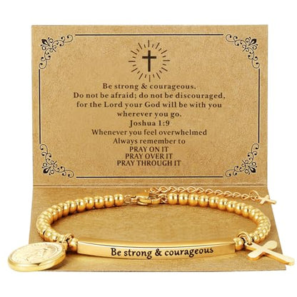 DS Inspirational Bracelet for Women Christian Engraved Bibler Verse Cross Butterfly Daisies Charm Bracelet, Exquisite Stainless Steel Jewelry Daughter Best Friend Bestie - style: Be strong & courageous-Gold