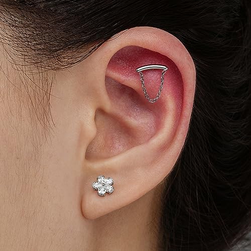 FINE4U 1PC ASTM F136 Titanium 16G Flatback Stud for Tragus, Helix, Conch 6mm 8mm - Screw on Cartilage Earring Piercing Jewelry - color: CZ Flower - Gold