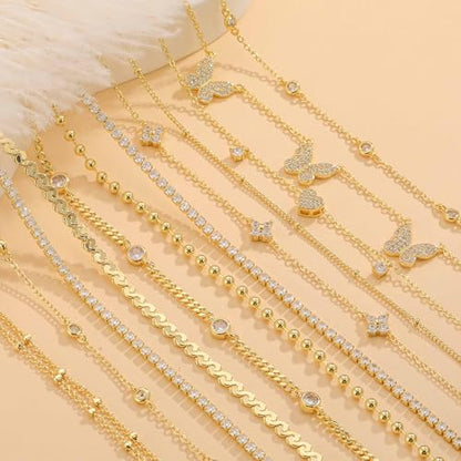 RLMOON Gold Silver Anklets for Women CZ Ankle Bracelets 14K Gold Plated | Waterproof Layered Stackable Clover Butterfly Tennis Chain Anklet Non Tarnish Trendy Summer Beach Foot Jewelry - color: Gold anklet A