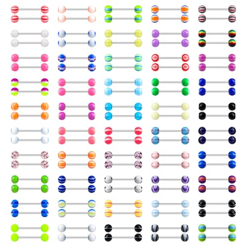 100Pcs 14G Acrylic Tongue Rings, Multi Color Assortment Flexible Tongue Rings Barbells Mix Piercing - style: 50 Pairs-Metal Bar