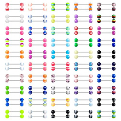 100Pcs 14G Acrylic Tongue Rings, Multi Color Assortment Flexible Tongue Rings Barbells Mix Piercing - style: 50 Pairs-Metal Bar