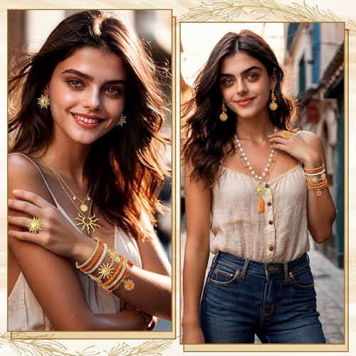 Tondiamo 16 Pcs Gold Sun Jewelry Set for Women Sunburst Earrings Rings Boho Hippie Layer Charm Necklace Summer Beach Bracelets Anklet for Holiday Vacation Accessories