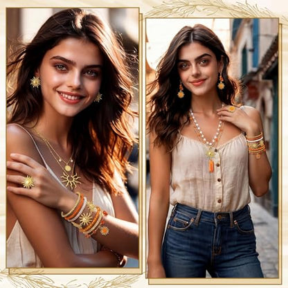 Tondiamo 16 Pcs Gold Sun Jewelry Set for Women Sunburst Earrings Rings Boho Hippie Layer Charm Necklace Summer Beach Bracelets Anklet for Holiday Vacation Accessories