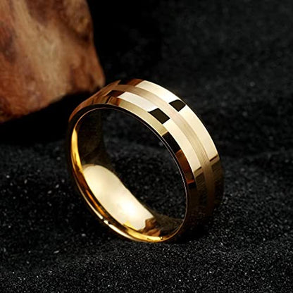 King Will Classic Tungsten Carbide Ring Brushed Two Grooved Center Hammered Design Mens Wedding Band for Men | Black/Silver/Gold, 8mm, Men's Wedding Band, Grooved, Comfort Fit, Everyday Wear - color: A-Gold 8mm