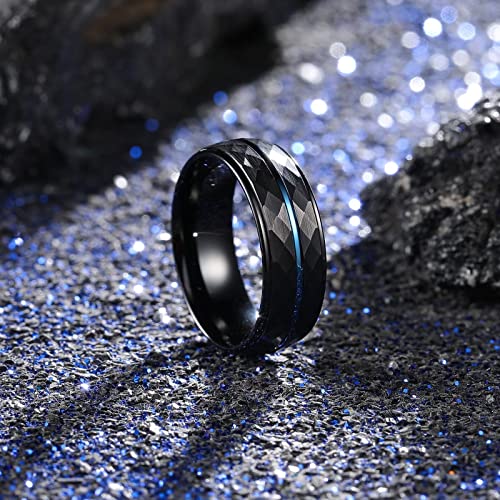 King Will Men's Tungsten Carbide Wedding Ring Hammered Groove Wedding Band Mens Two Tone Engagement Ring for Men and Women Matte Brushed Finish Comfort Fit - color: 8mm Black & Blue Groove