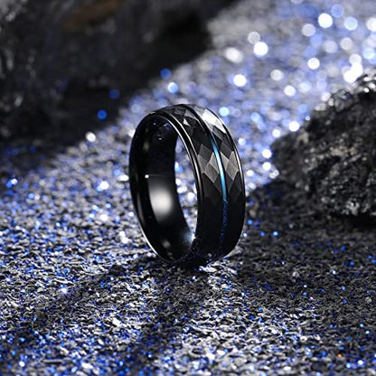 King Will Men's Tungsten Carbide Wedding Ring Hammered Groove Wedding Band Mens Two Tone Engagement Ring for Men and Women Matte Brushed Finish Comfort Fit - color: 8mm Black & Blue Groove