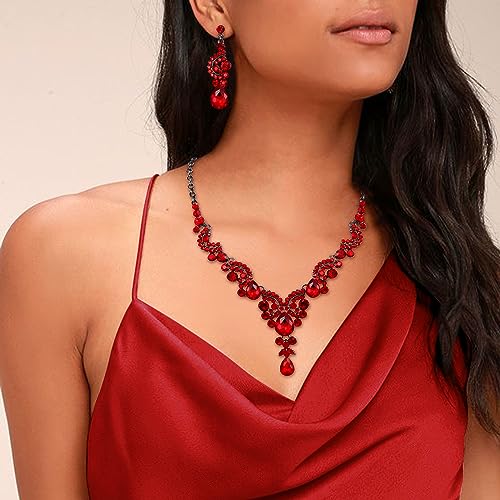 EVER FAITH Rhinestone Crystal Bridal Floral Wave Teardrop Necklace Earrings Set - color: 2pcs_Red Black-Tone
