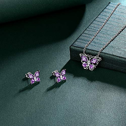925 Sterling Silver Birthstone Butterfly Jewelry Women Crystal Animal Cute Butterflies Birthday Necklace/Earring/Ring/Bracelet Sets Birth Stone Statement Anniversary Jewellery - color: 1-B.February-Amethyst