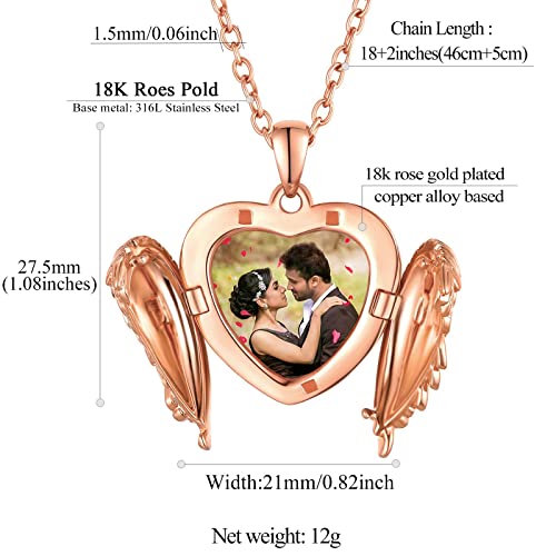 FindChic Locket Necklace for Women Custom Photo Memorial Gifts 4 Colors | Silver/Black/Rose Gold/Gold Plated Personalized for Loved Ones, Birthday Valentine's Day Keepsake - style: 02. Angel Wing 2-Rose Gold