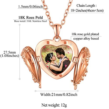 FindChic Locket Necklace for Women Custom Photo Memorial Gifts 4 Colors | Silver/Black/Rose Gold/Gold Plated Personalized for Loved Ones, Birthday Valentine's Day Keepsake - style: 02. Angel Wing 2-Rose Gold