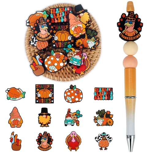 12pcs Thanksgiving Day Silicone Focal Beads for Pens | Focal Beads for Keychain Making, Pens, Bracelet,Necklace Crafts,Bulk Silicone Beads for DIY（Thanksgiving Day） - color: Thanksgiving Day