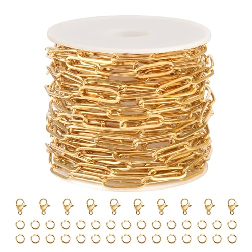 SMYHTGLIF 16.4 Feet Oval Paperclip Soldered Jewelry Making Chains Bulk | Gold Chain for Jewelry Making Stainless Steel Chain Roll DIY Craft Jewelry with Lobster Clasps and Open Jump Rings - color: Gold, size: 4.5×14mm