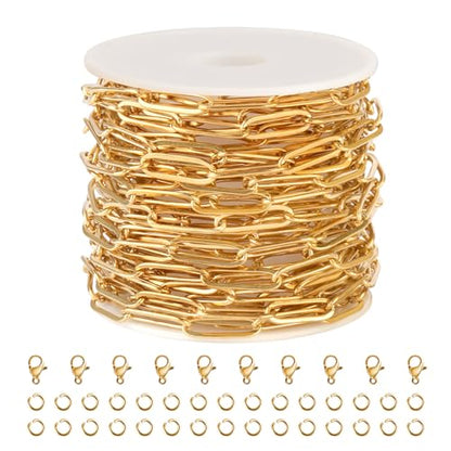 SMYHTGLIF 16.4 Feet Oval Paperclip Soldered Jewelry Making Chains Bulk | Gold Chain for Jewelry Making Stainless Steel Chain Roll DIY Craft Jewelry with Lobster Clasps and Open Jump Rings - color: Gold, size: 4.5×14mm