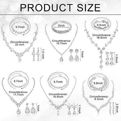 Jexine 6 Sets Silver Jewelry Set for Women Wedding Silver Crystal Rhinestone Necklace Earrings Bracelet for Bride Bridal Bridesmaid - style: Elegant Style