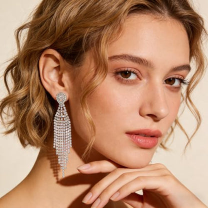 1 Pair Silver Diamond Dangle Earrings,Long Tassel Rhinestone Earrings,Crystal Wedding Earrings Accessories for Women and Brides(Silver)