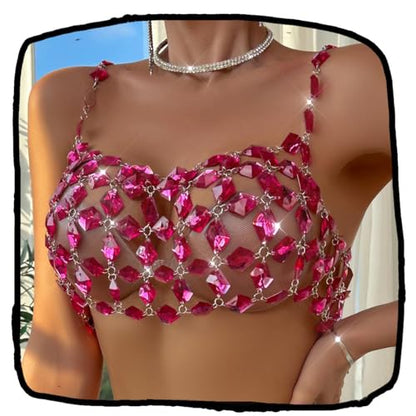 Rhinestones Body Chain Suit Silver Crystal Bikini Bra Underwear Sexy Sparkly Party Body Jewelry Accessories for Women - color: Rose Red