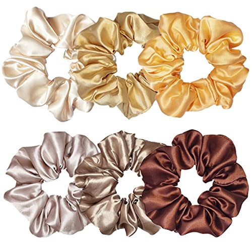 6 Pcs Satin Silk Scrunchies, Soft Hair Ties, Fashion Bands, Hair Bows, Ponytail Holders, Elastic Bracelets - Hair Accessories for Women and Girls (4.5 Inch, Yellow and Brown) - color: Assorted Yellow and Brown
