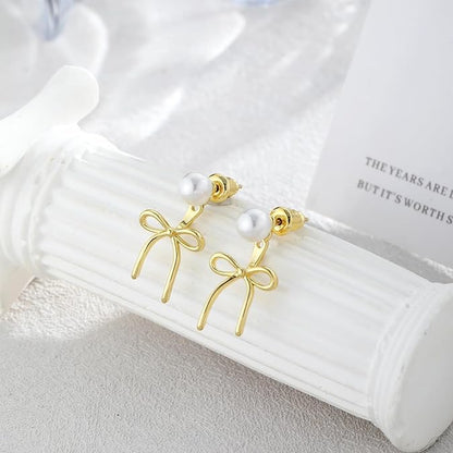 Gold Bow Earrings for Women, Long Tassel Chain Drop Earrings, Trendy Small Bow Earrings, Ribbon Waterfall Dangling Earrings, Pearl Bow Earrings, Sparkly Elegant Bowknot Preppy Jewelry Gifts for Women - color: Gold Bow-F