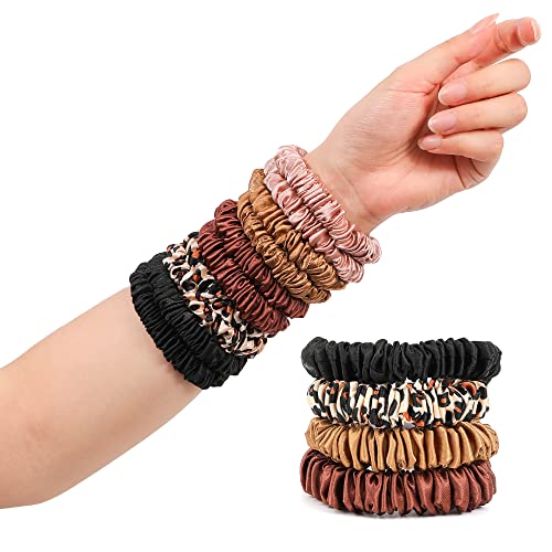 Hair Ties Silk Satin Scrunchies - Small Mini Thin Elestics Ponytail Holder Hair Bands Skinny Scrunchy For Thick Curl Hair No Crease Hair Ties Soft Accessories No Hurt Your Hair for Women and Girls - color: Brown series