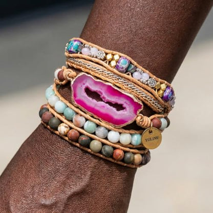 YGLINE Natural Stone Beaded Healing Wax String 5 Wraps Bracelets - color: agate 2