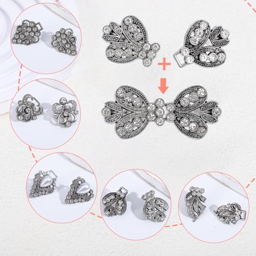 ElevateTech Sweater Shawl Clips, 4 Pcs Retro Sweater Clips for Cardigans Vintage Dress Clip Cloak Brooches Shawl Pins Silver Rhinestone Cardigan Clip for Cape Cloak Dress Shirt Cardigan Scarf