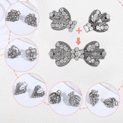ElevateTech Sweater Shawl Clips, 4 Pcs Retro Sweater Clips for Cardigans Vintage Dress Clip Cloak Brooches Shawl Pins Silver Rhinestone Cardigan Clip for Cape Cloak Dress Shirt Cardigan Scarf