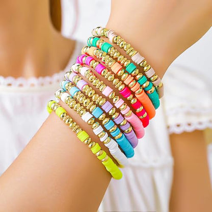 Friendship Bracelets for Women - Heishi Surfer Colorful Smile Evil Eye Clay Beaded Stretch Bracelets Elastic Layering - Stackable Boho Disc Y2K Aesthetic Summer Jewelry Set. - color: B-surfer-9pc-colorful