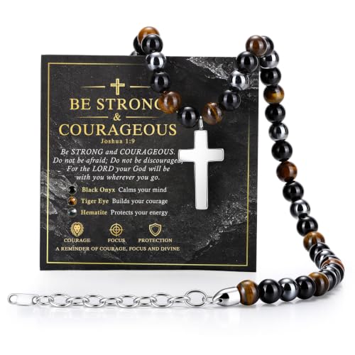 Beaded Cross Necklace Gifts for Men - Triple Protection Black Onyx Obsidian Tiger Eye Natural Stone Necklace Stainless Steel Cross Pendant Stress Relief Balance Faith Jewelry Gifts for Husband Dad Son - color: Joshua 1:9