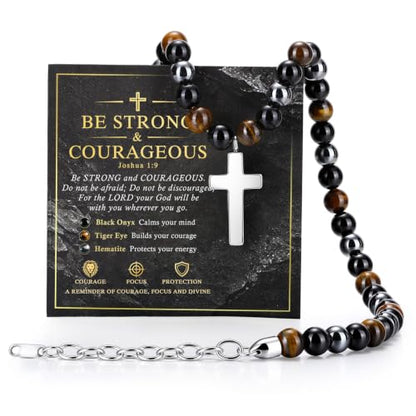 Beaded Cross Necklace Gifts for Men - Triple Protection Black Onyx Obsidian Tiger Eye Natural Stone Necklace Stainless Steel Cross Pendant Stress Relief Balance Faith Jewelry Gifts for Husband Dad Son - color: Joshua 1:9