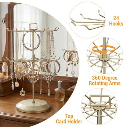 MyGift Brass Metal Rotating Jewelry Stand with 24 Hooks, 2 Tier | Stores Necklaces, Bracelets, Earrings, Keychains & Accessories with Smooth 360° Rotating Display Design - color: Brass (2 Tier)