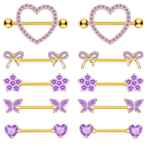 BSJ4U Nipple Piercing Jewelry 14G Stainless Steel Nipple Rings for Women Heart Butterfly Flower Bow Nipple Barbells - color: Gold Purple CZ Nipple Piercing Jewelry