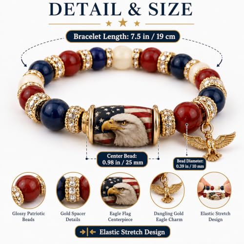 Patriotic Beaded Stretch Bracelet Red White Blue 1776-2026 USA | 250th Anniversary, 4th of July, American Eagle Flag, Women's Jewelry, Independence Day