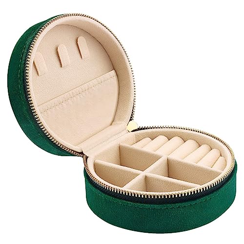 DesignSter Travel Jewelry Box - Velvet Mini Jewelry Organizer, Small Jewelry Case for Girls Women, Jewelry Storage Box for Rings Earrings Necklace (Circular, Emerald Green) - color: Emerald Green, size: Circular